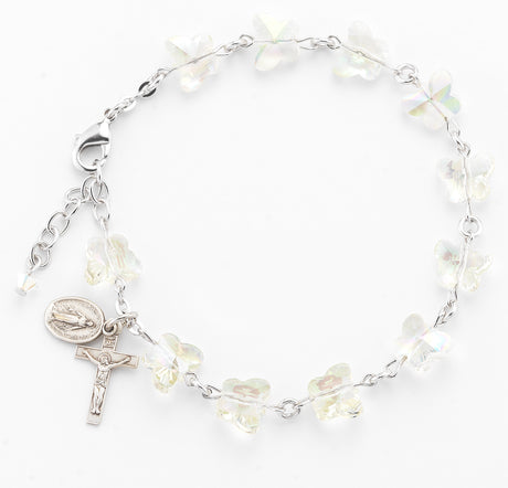 8mm Aurora Borealis Crystal Butterfly Rosary Bracelet, Sterling Silver Medal and Crucifix