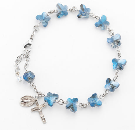 8mm Dark Blue Butterfly Rosary Bracelet, Sterling Silver Medal and Crucifix