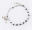4mm Genuine Hematite Round Rosary Bracelet, Sterling Silver Medal and Crucifix