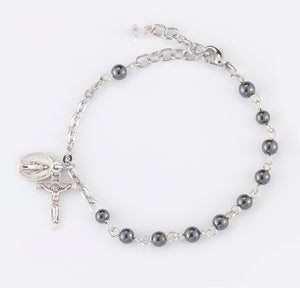 4mm Genuine Hematite Round Rosary Bracelet, Sterling Silver Medal and Crucifix