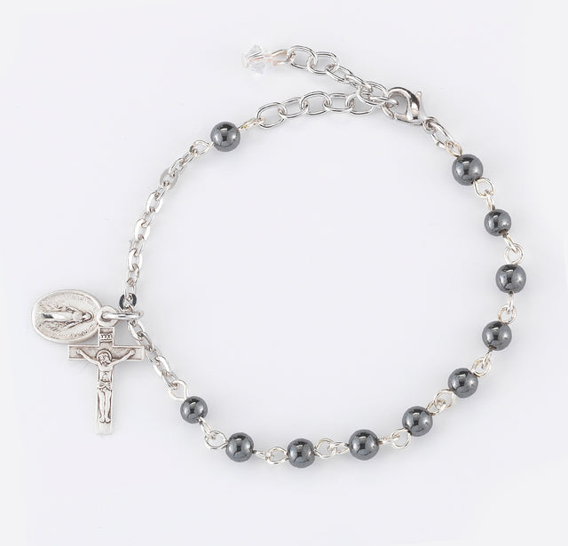 4mm Genuine Hematite Round Rosary Bracelet, Sterling Silver Medal and Crucifix