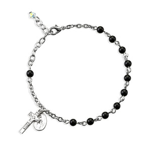 4mm Genuine Onyx Round Rosary Bracelet, Sterling Silver Medal and Crucifix