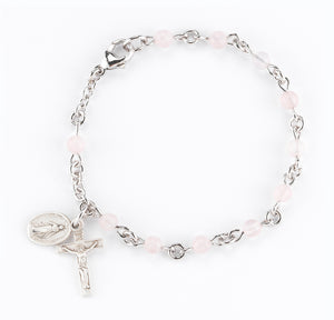4mm Genuine Rose Quartz Round Rosary Bracelet, Sterling Silver Medal and Crucifix