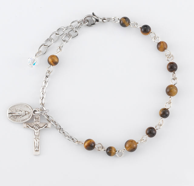 4mm Genuine Tiger Eye Round Rosary Bracelet, Sterling Silver Medal and Crucifix