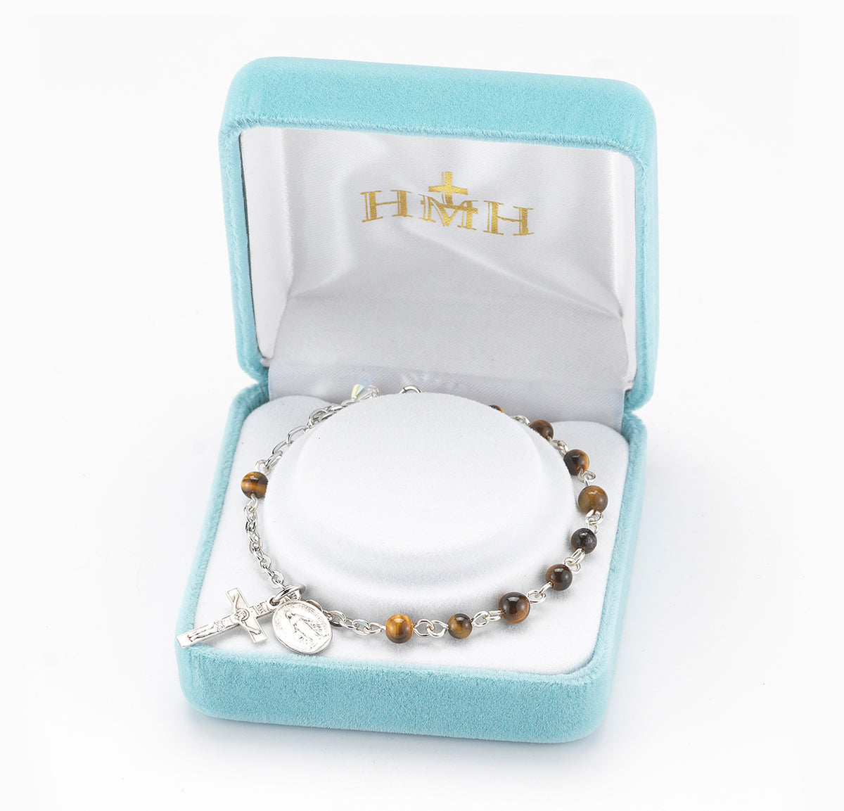 4mm Genuine Tiger Eye Round Rosary Bracelet, Sterling Silver Medal and Crucifix