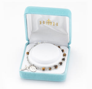 4mm Genuine Tiger Eye Round Rosary Bracelet, Sterling Silver Medal and Crucifix