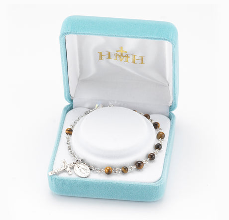 4mm Genuine Tiger Eye Round Rosary Bracelet, Sterling Silver Medal and Crucifix