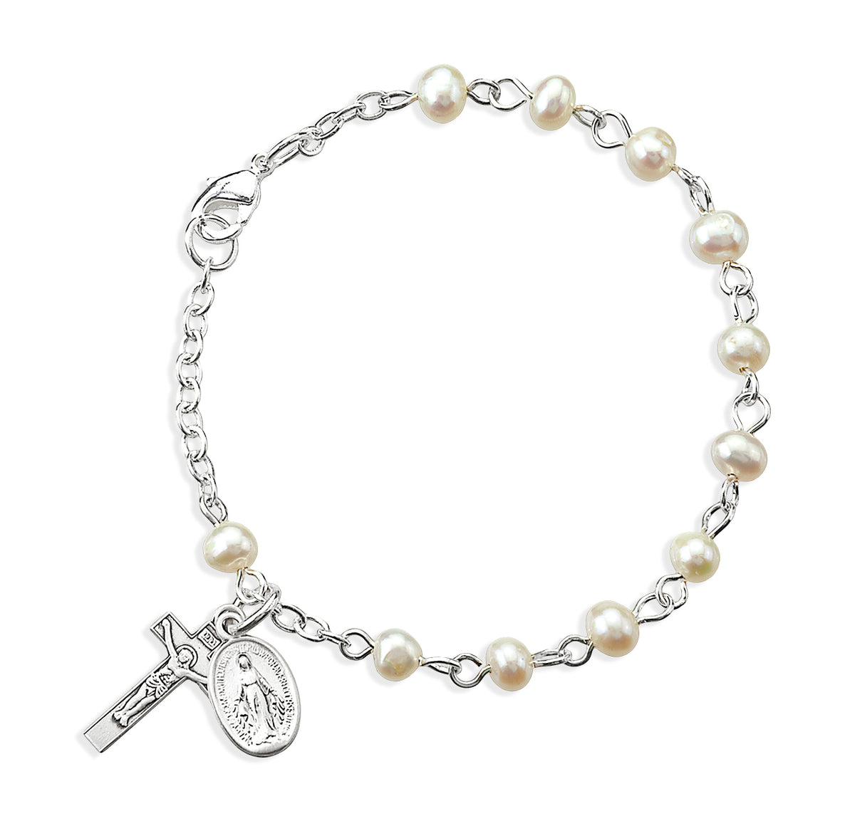 4mm Freshwater Pearl Rosary Bracelet, Sterling Silver Medal and Crucifix