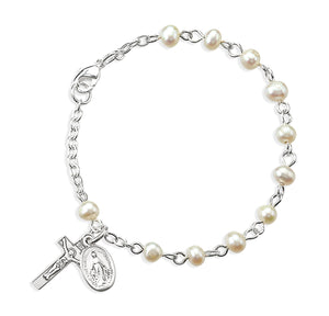 4mm Freshwater Pearl Rosary Bracelet, Sterling Silver Medal and Crucifix