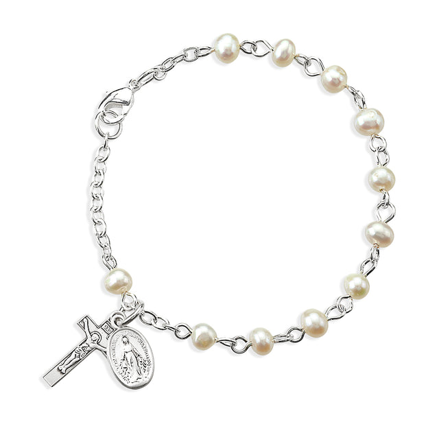 4mm Freshwater Pearl Rosary Bracelet, Sterling Silver Medal and Crucifix