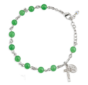 6mm Genuine Aventurine Round Rosary Bracelet, Sterling Silver Medal and Crucifix