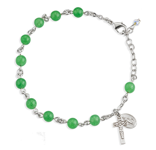 6mm Genuine Aventurine Round Rosary Bracelet, Sterling Silver Medal and Crucifix