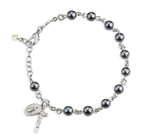 6mm Genuine Hematite Round Rosary Bracelet, Sterling Silver Medal and Crucifix