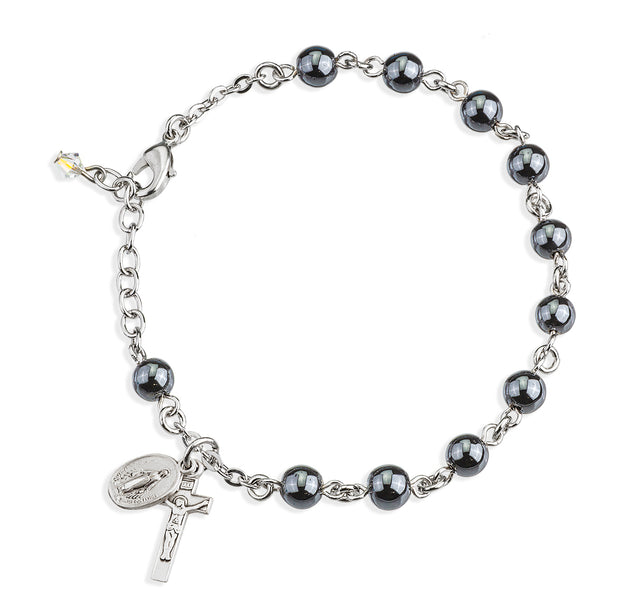 6mm Genuine Hematite Round Rosary Bracelet, Sterling Silver Medal and Crucifix