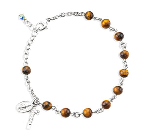 6mm Genuine Tiger Eye Round Rosary Bracelet, Sterling Silver Medal and Crucifix