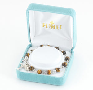 6mm Genuine Tiger Eye Round Rosary Bracelet, Sterling Silver Medal and Crucifix