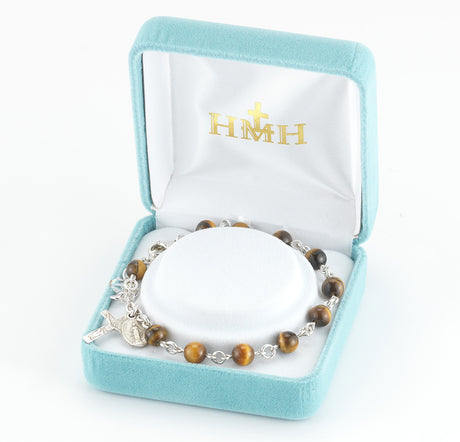 6mm Genuine Tiger Eye Round Rosary Bracelet, Sterling Silver Medal and Crucifix