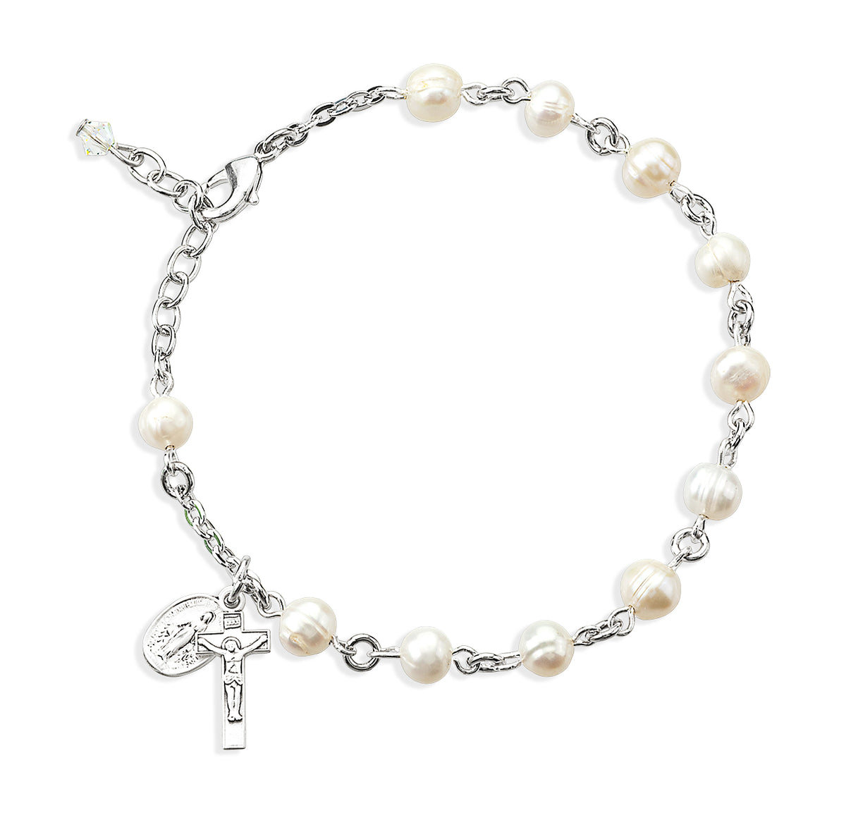 6mm Freshwater Pearl Rosary Bracelet, Sterling Silver Medal and Crucifix