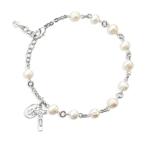 6mm Freshwater Pearl Rosary Bracelet, Sterling Silver Medal and Crucifix