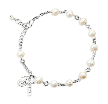 6mm Freshwater Pearl Rosary Bracelet, Sterling Silver Medal and Crucifix