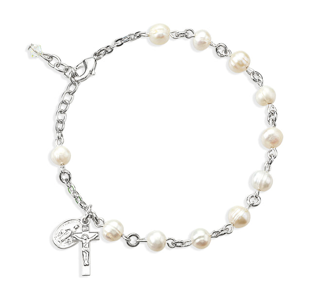 6mm Freshwater Pearl Rosary Bracelet, Sterling Silver Medal and Crucifix
