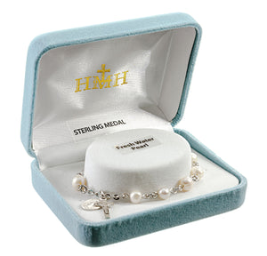6mm Freshwater Pearl Rosary Bracelet, Sterling Silver Medal and Crucifix