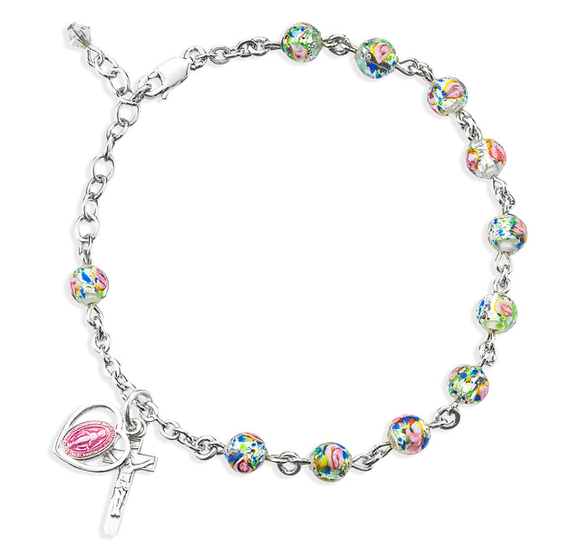 6mm Rose Embedded Murano Glass Rosary Bracelet, Sterling Silver Medal and Crucifix