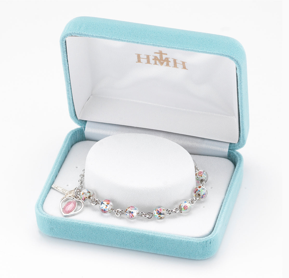6mm Rose Embedded Murano Glass Rosary Bracelet, Sterling Silver Medal and Crucifix