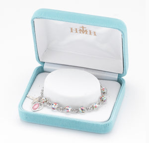 6mm Rose Embedded Murano Glass Rosary Bracelet, Sterling Silver Medal and Crucifix