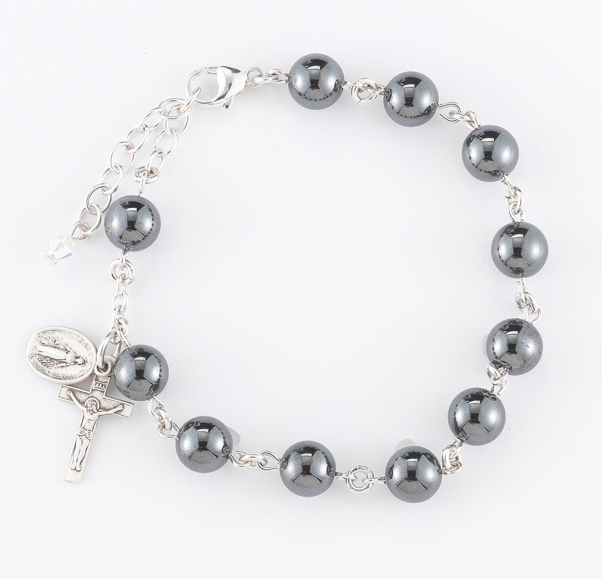 8mm Genuine Hematite Round Rosary Bracelet, Sterling Silver Medal and Crucifix