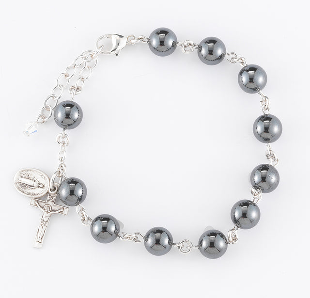 8mm Genuine Hematite Round Rosary Bracelet, Sterling Silver Medal and Crucifix