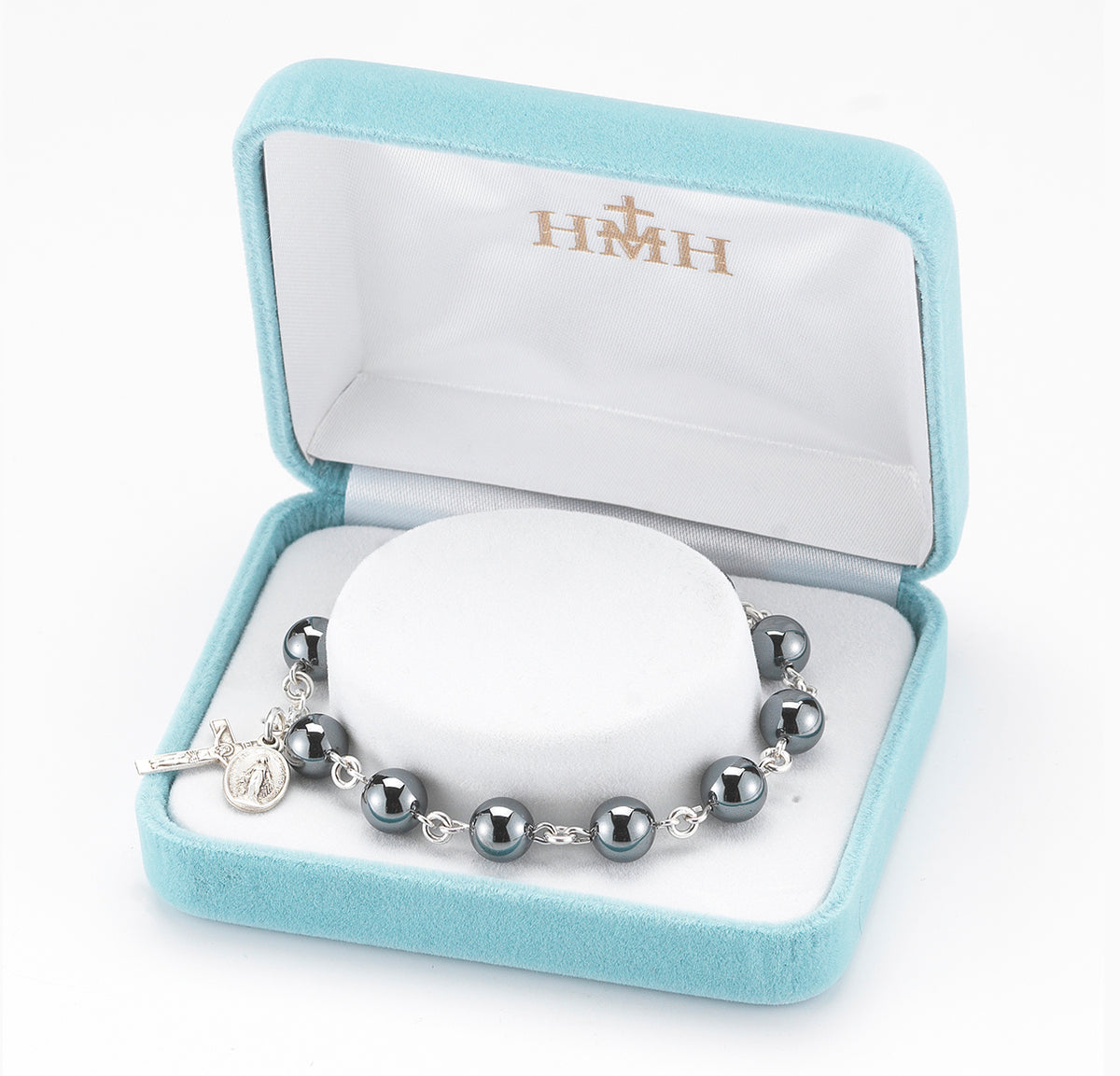 8mm Genuine Hematite Round Rosary Bracelet, Sterling Silver Medal and Crucifix