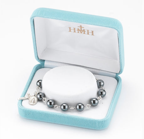 8mm Genuine Hematite Round Rosary Bracelet, Sterling Silver Medal and Crucifix
