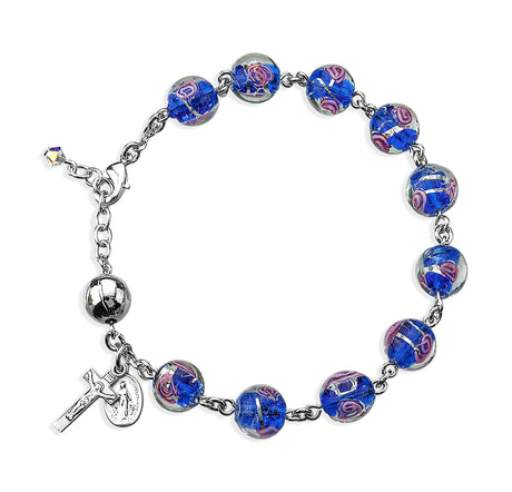 10mm Blue Rose Embedded Glass Rosary Bracelet, Sterling Silver Medal and Crucifix