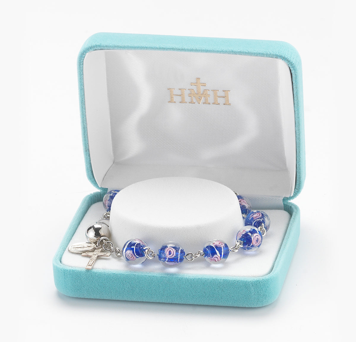10mm Blue Rose Embedded Glass Rosary Bracelet, Sterling Silver Medal and Crucifix