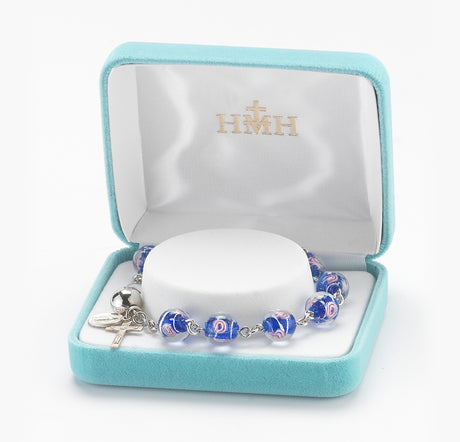 10mm Blue Rose Embedded Glass Rosary Bracelet, Sterling Silver Medal and Crucifix