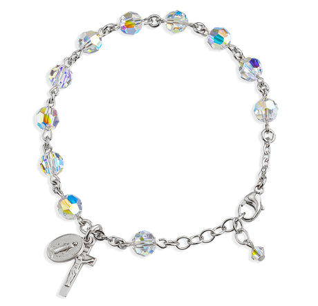 7mm Aurora Borealis Czech Crystal Rosary Bracelet, Sterling Silver Medal and Crucifix