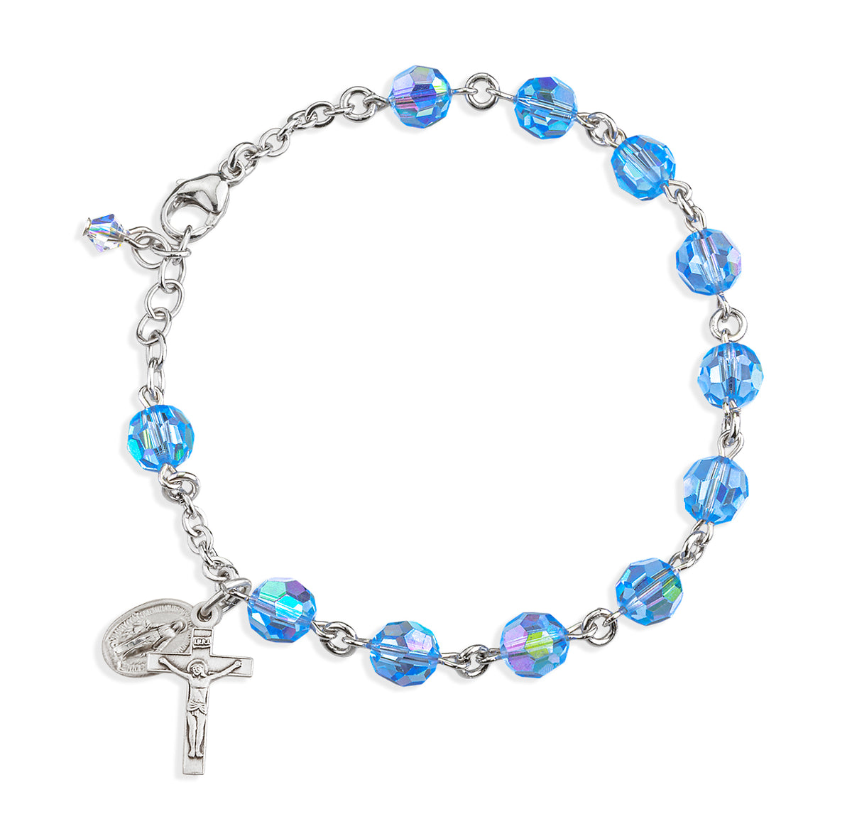 7mm Light Sapphire Swarovski Crystal Round Rosary Bracelet, Sterling Silver Medal and Crucifix