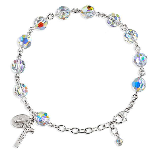 8mm Aurora Borealis Swarovski Crystal Round Rosary Bracelet, Sterling Silver Medal and Crucifix