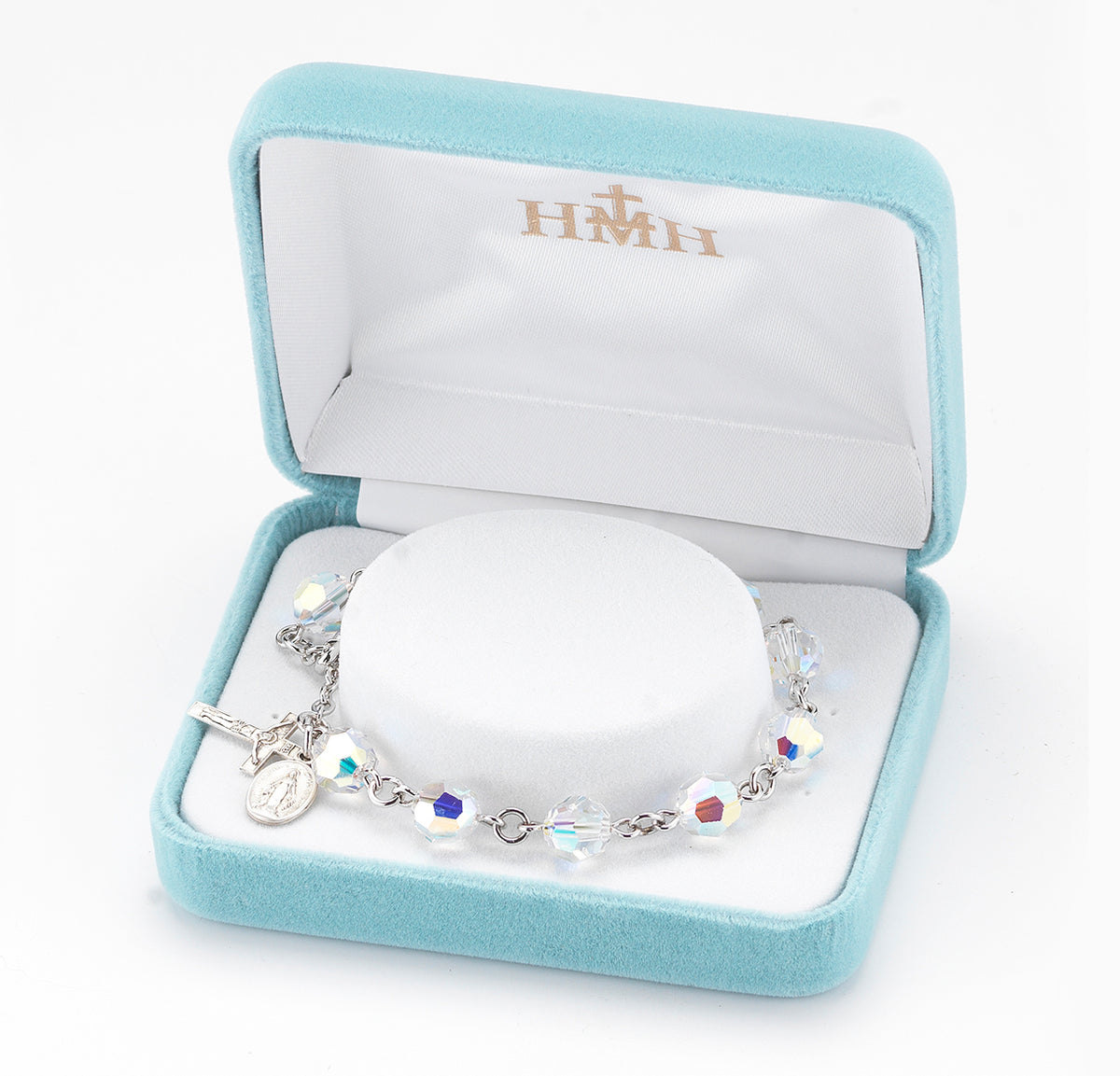 8mm Aurora Borealis Swarovski Crystal Round Rosary Bracelet, Sterling Silver Medal and Crucifix
