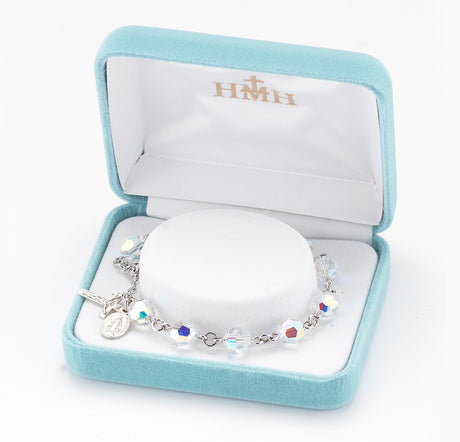 8mm Aurora Borealis Swarovski Crystal Round Rosary Bracelet, Sterling Silver Medal and Crucifix