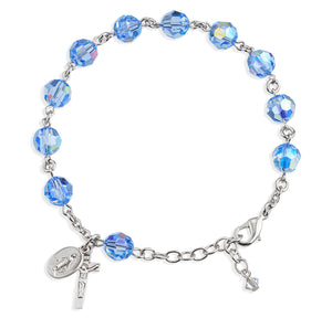 8mm Light Sapphire Swarovski Crystal Round Rosary Bracelet, Sterling Silver Medal and Crucifix