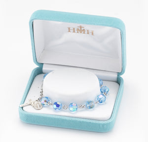 8mm Light Sapphire Swarovski Crystal Round Rosary Bracelet, Sterling Silver Medal and Crucifix