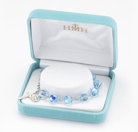 8mm Light Sapphire Swarovski Crystal Round Rosary Bracelet, Sterling Silver Medal and Crucifix