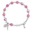 8mm Pink Swarovski Crystal Round Rosary Bracelet, Sterling Silver Medal and Crucifix
