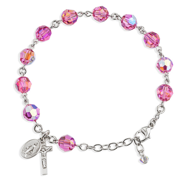 8mm Pink Swarovski Crystal Round Rosary Bracelet, Sterling Silver Medal and Crucifix