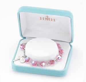 8mm Pink Swarovski Crystal Round Rosary Bracelet, Sterling Silver Medal and Crucifix