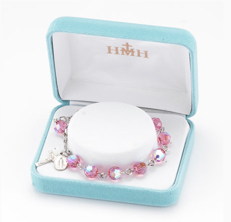 8mm Pink Swarovski Crystal Round Rosary Bracelet, Sterling Silver Medal and Crucifix
