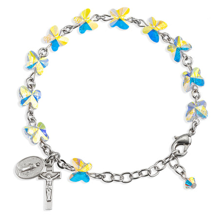 8mm Aurora Borealis Swarovski Crystal Butterfly Rosary Bracelet, Sterling Silver Medal and Crucifix