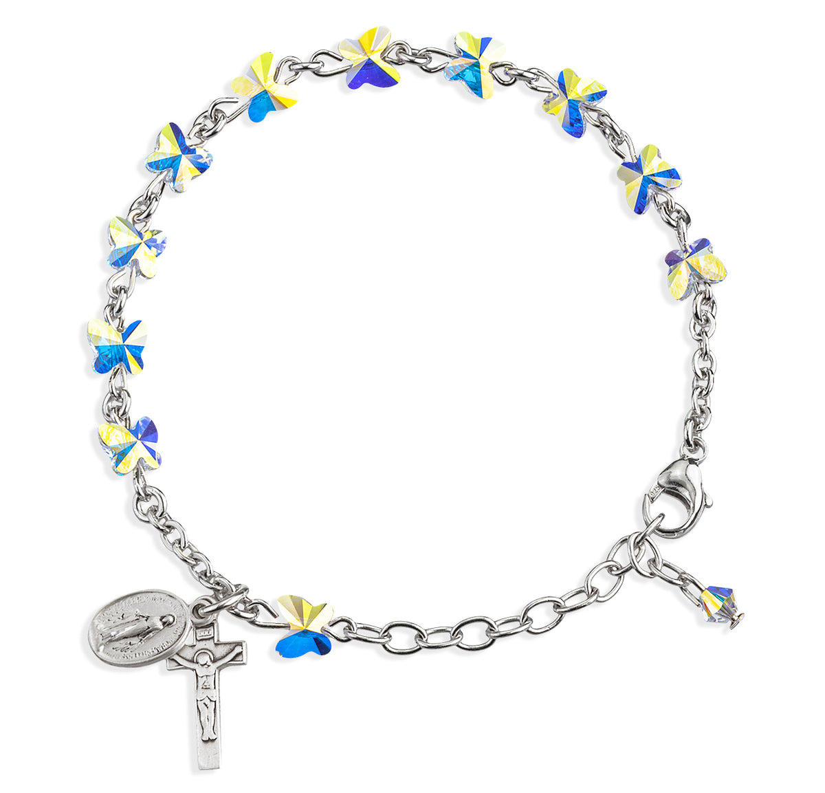 6mm Aurora Borealis Swarovski Crystal Butterfly Rosary Bracelet, Sterling Silver Medal and Crucifix